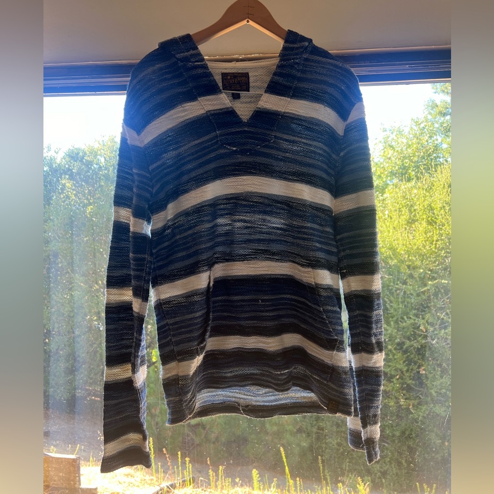 Lucky Brandy Women’s hooded sweater blue, cream, and black stripped size small